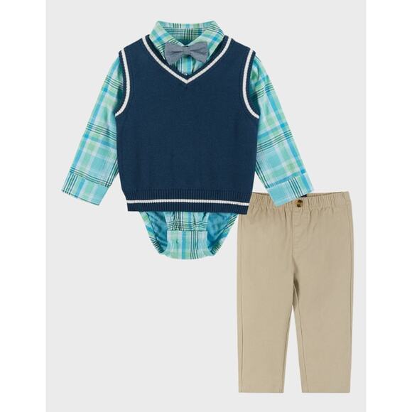 Andy & Evan Plaid Button-Up Onesie Sweater Vest Bow Tie & Pants Set Blue Khaki